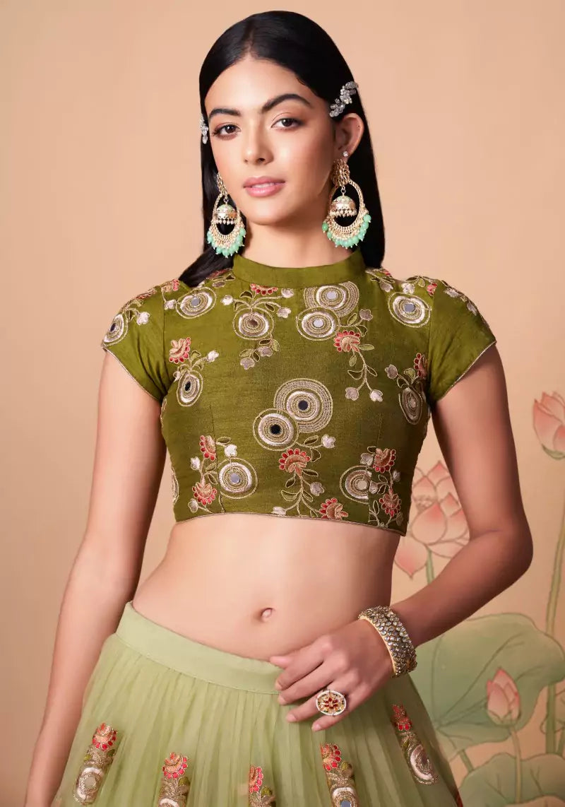 Party Wear Mirror Work Embroidered Lehenga Set