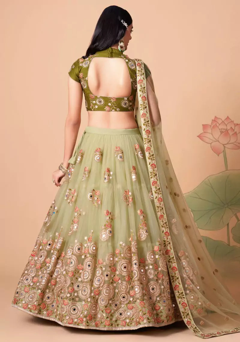 Party Wear Mirror Work Embroidered Lehenga Set