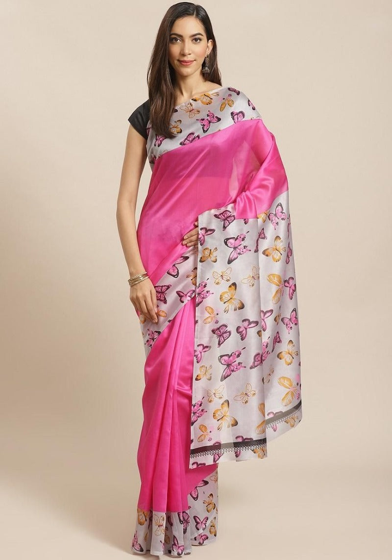 Pink Butterfly Printed Mysore Silk Sarees