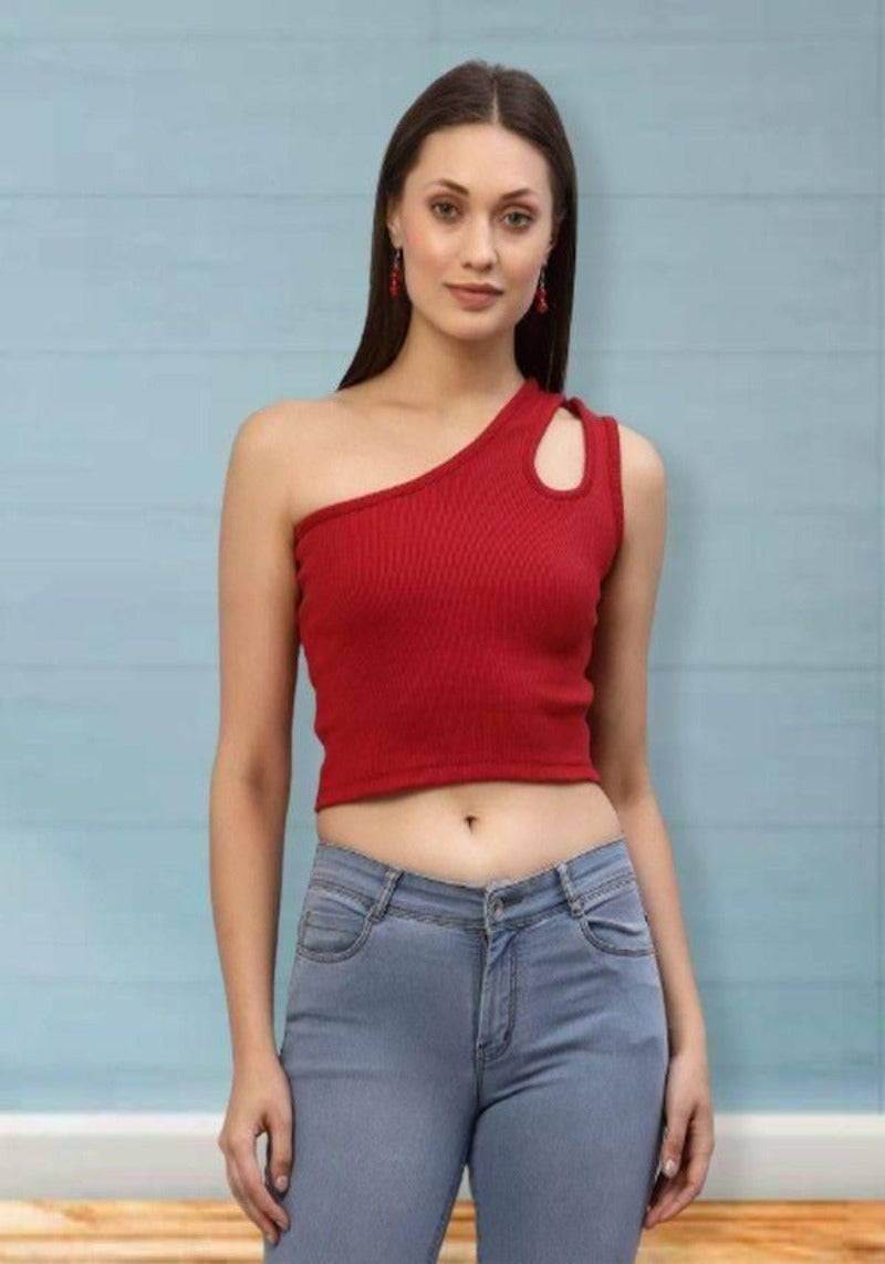 Women's Red One Shoulder Ribbed Crop Top