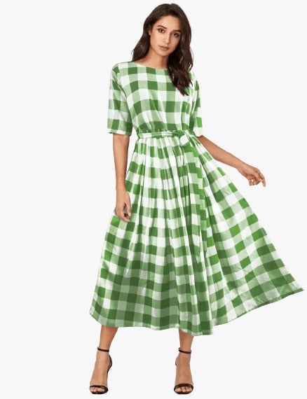 Cotton Check Printed A-line Western Dress