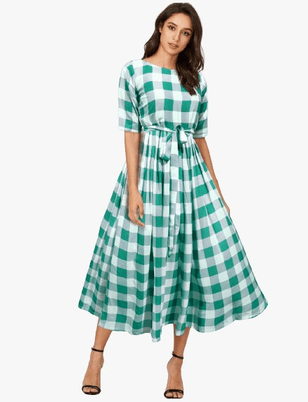 Cotton Check Printed A-line Western Dress