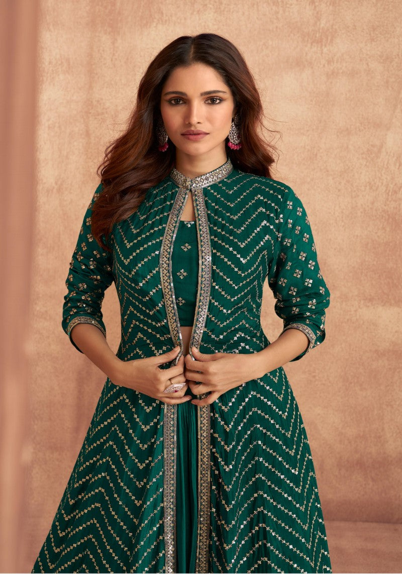Buy mirror work jacket lehenga set,
long jacket lehenga choli online