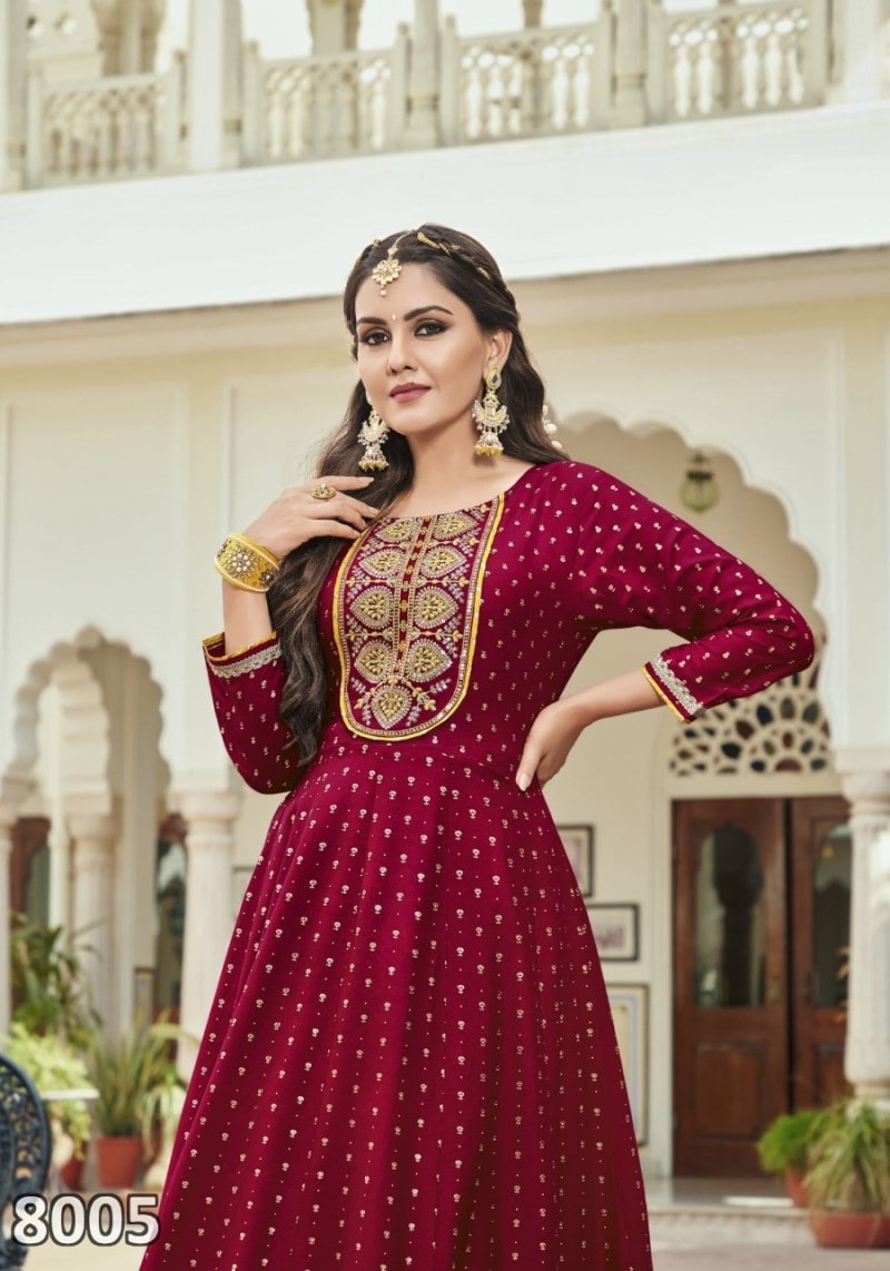 Maroon Foil Printed Embroidered Designer Gown