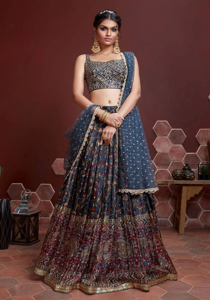 Blue Chinon Silk Embroidered Party Lehenga Choli