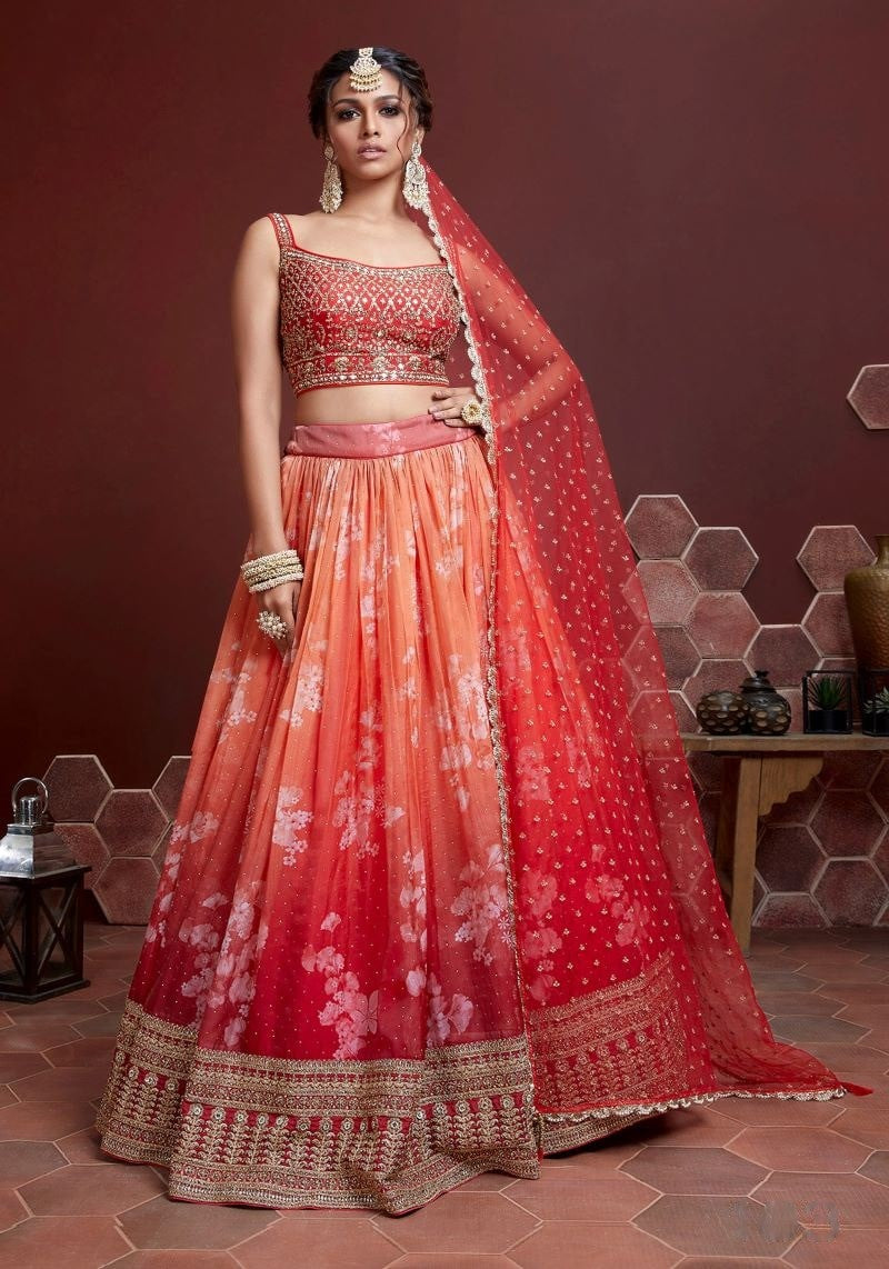 Orange Floral Printed Organza Silk Embroidered Lehenga Choli