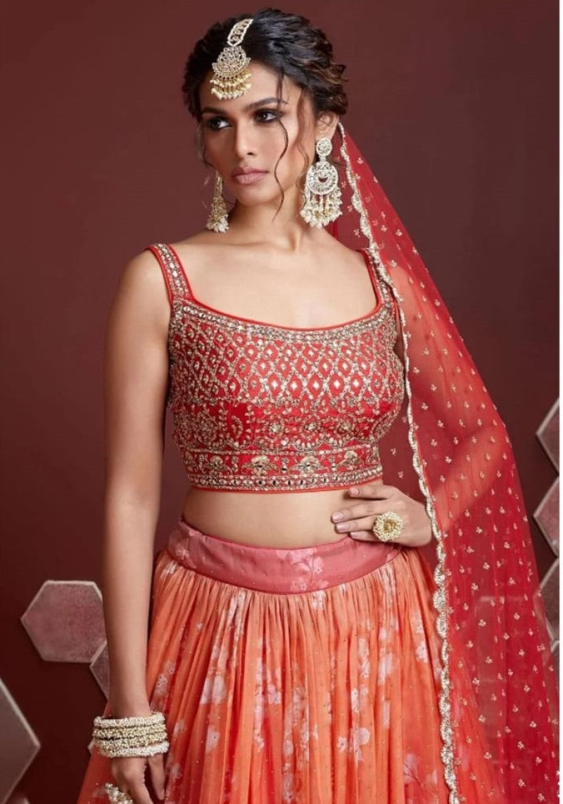 Orange Floral Printed Organza Silk Embroidered Lehenga Choli