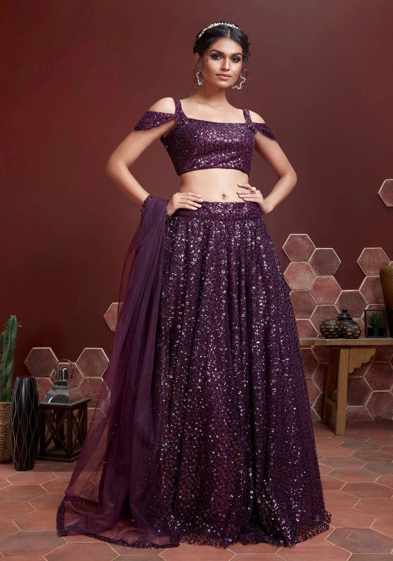 Purple Soft Net Sequins Embroidered Lehenga Choli