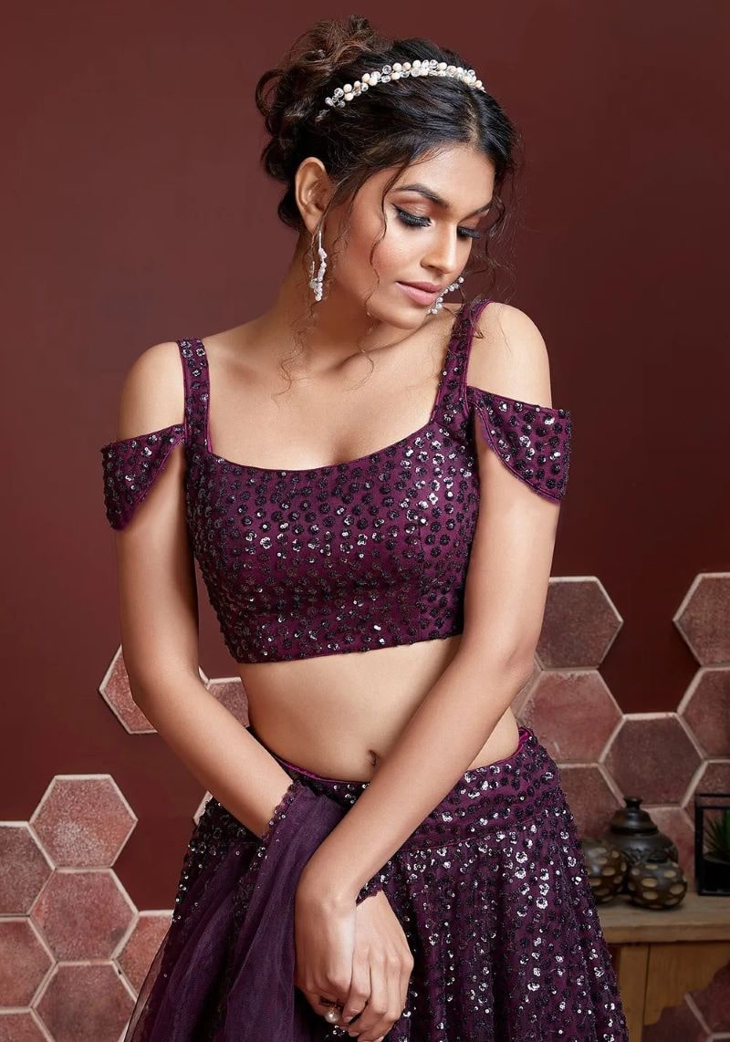Purple Soft Net Sequins Embroidered Lehenga Choli