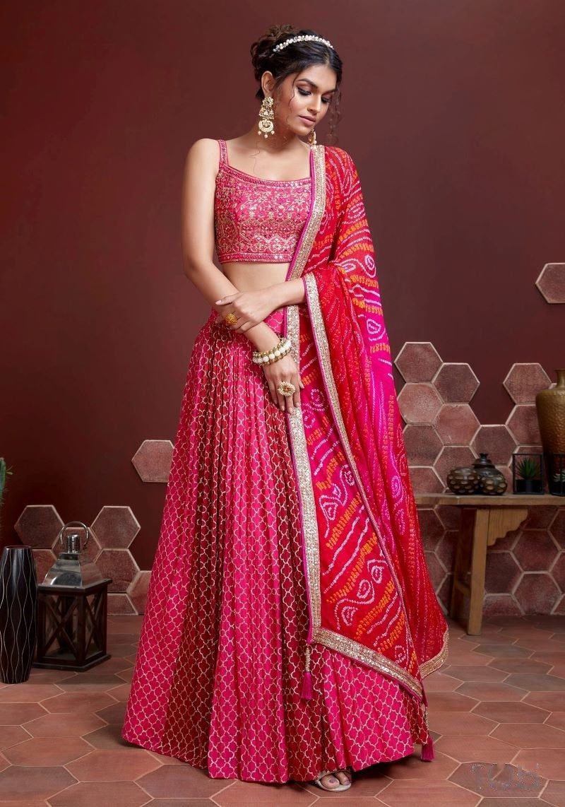 Digital Print Chinon Silk Party Wear Pink Lehenga Choli
