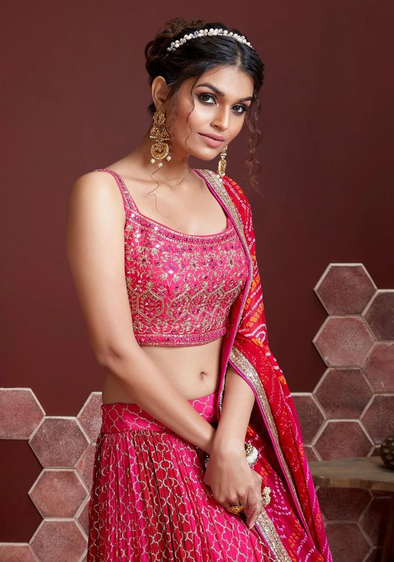 Digital Print Chinon Silk Party Wear Pink Lehenga Choli