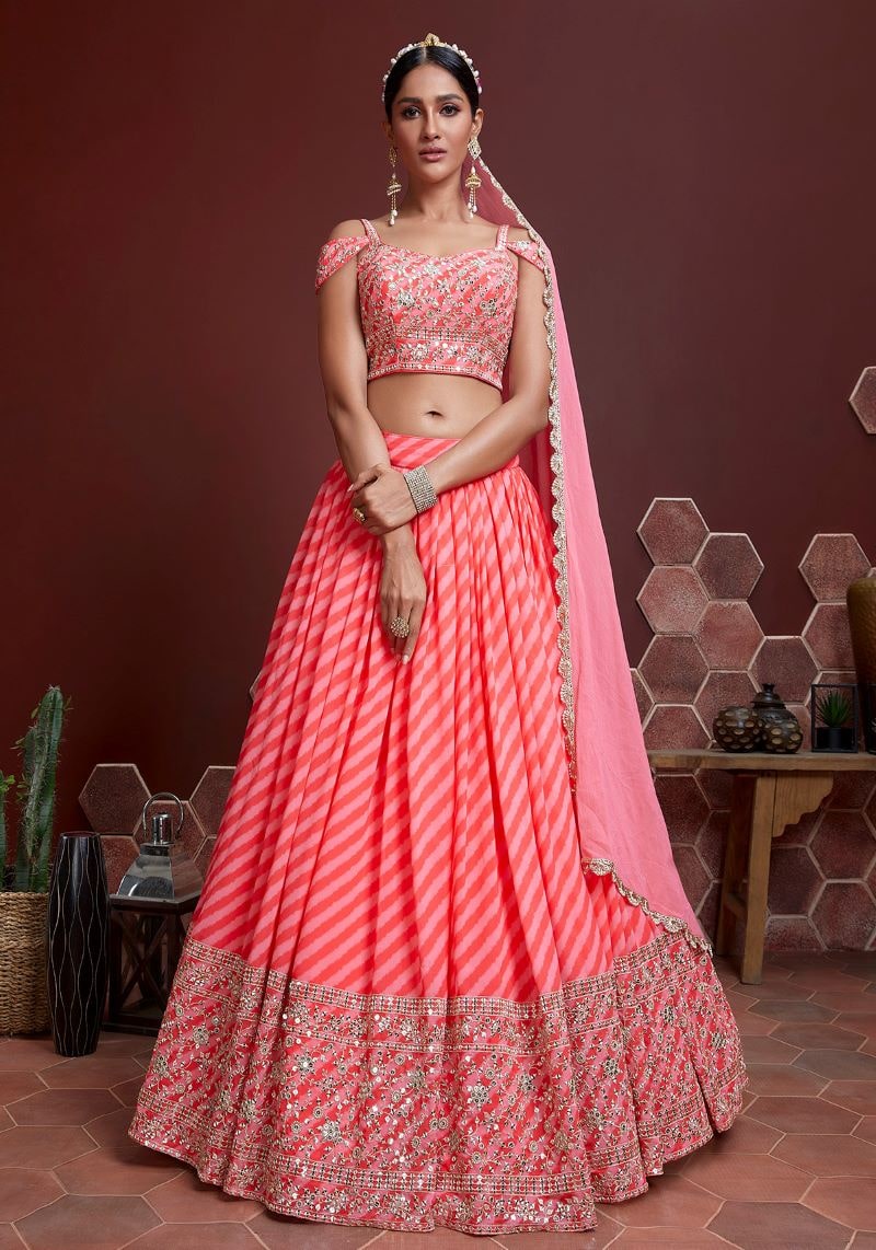 Party Wear Organza Silk Peach Lehenga Choli