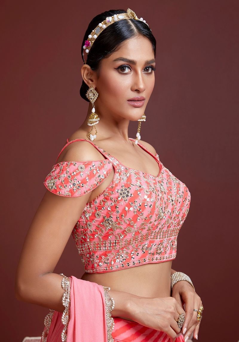 Party Wear Organza Silk Peach Lehenga Choli