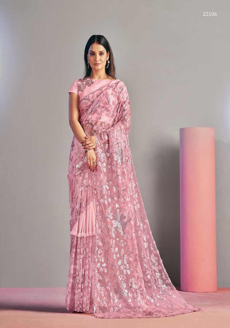 Designer Pink Embroidered Net Lycra Party Wear Saree