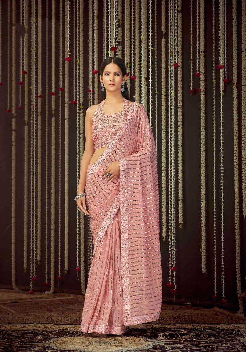 Party Wear Baby Pink Sequins Work Georgette Saree