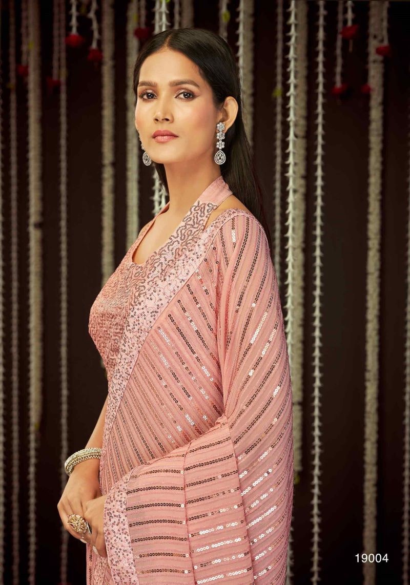 Party Wear Baby Pink Sequins Work Georgette Saree