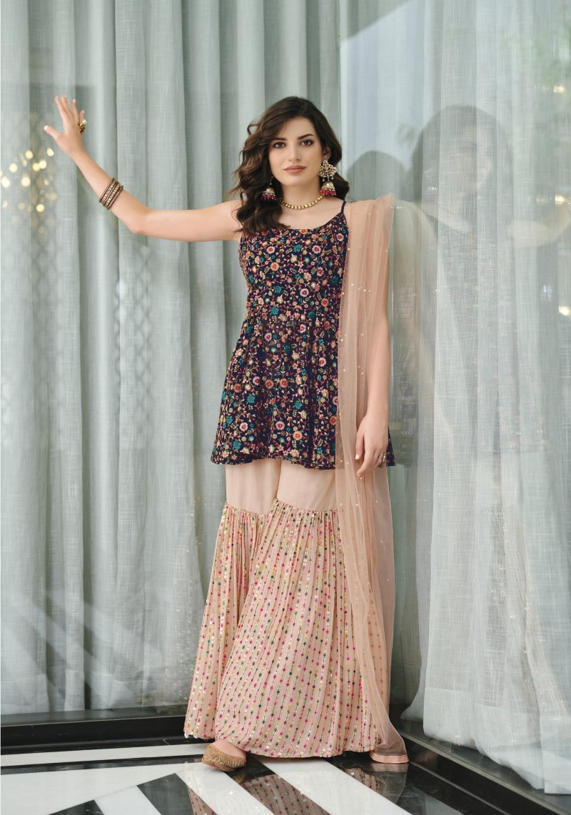 Party Wear Navy Blue Embroidered Sharara Suit With Net Dupatta