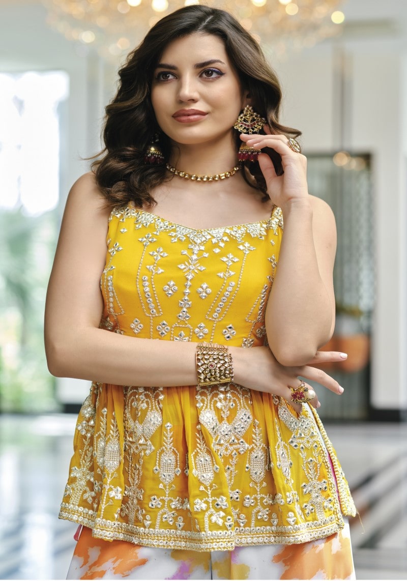 Party Wear Elegant Yellow Embroidered Sharara Suit With Net Dupatta