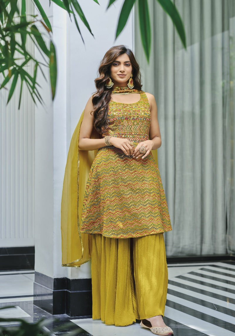 Women's Embroidered Georgette Chinon Sharara Suit