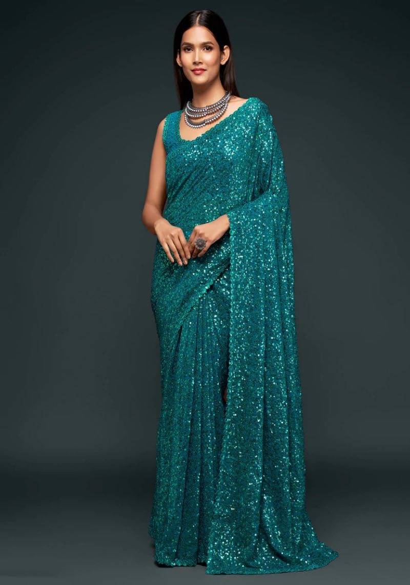 Multiple Sequins Embroidered Pure Georgette Saree