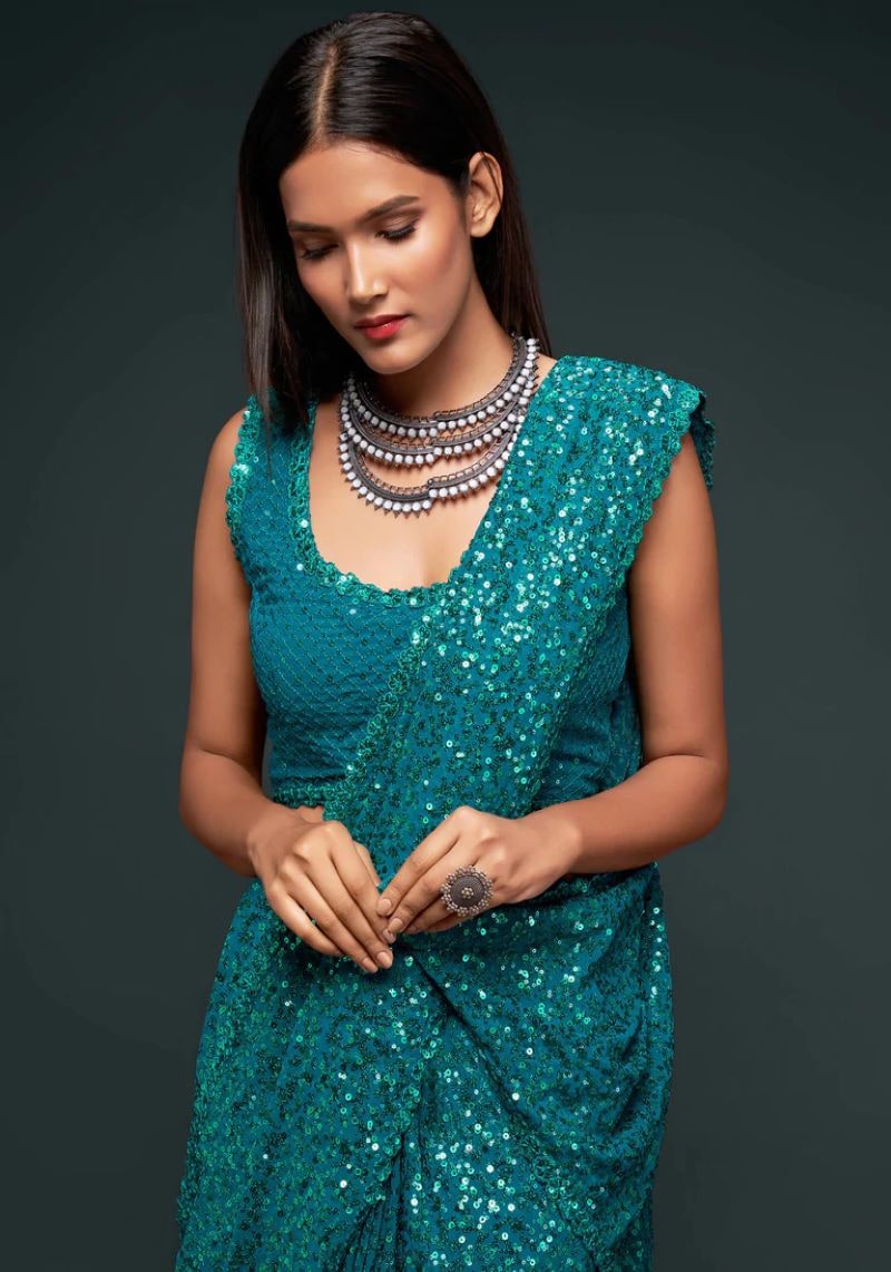 Multiple Sequins Embroidered Pure Georgette Saree