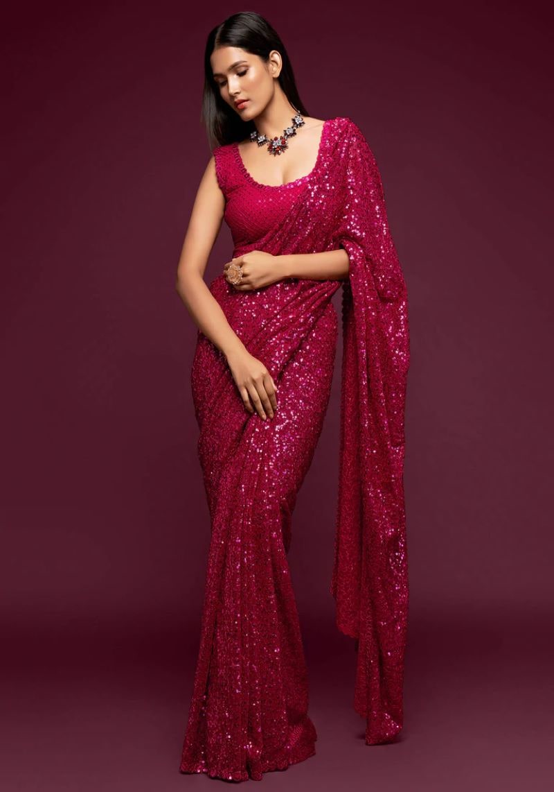 Heavy Sequins Embroidered Faux Georgette Saree