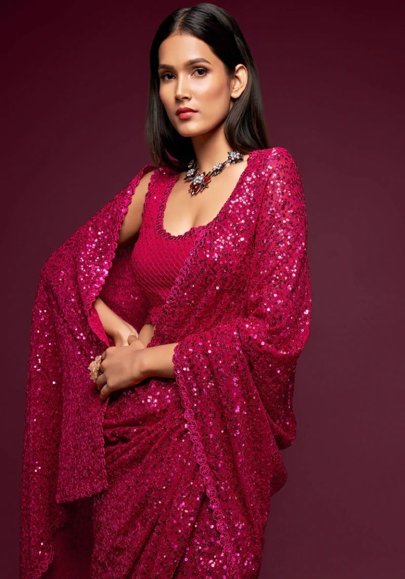 Heavy Sequins Embroidered Faux Georgette Saree
