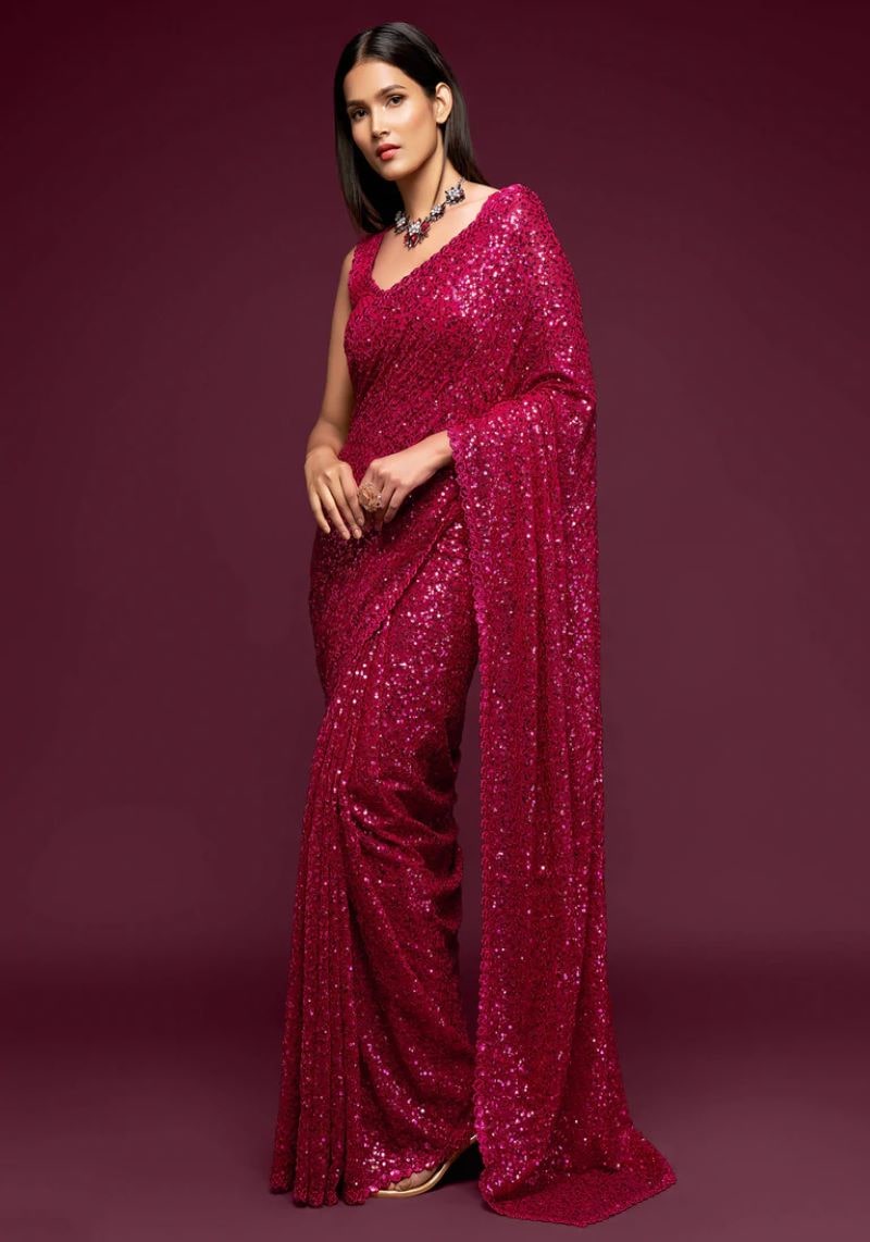 Heavy Sequins Embroidered Faux Georgette Saree
