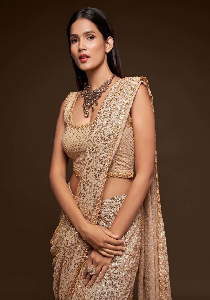 Heavy Sequins Embroidered Faux Georgette Saree