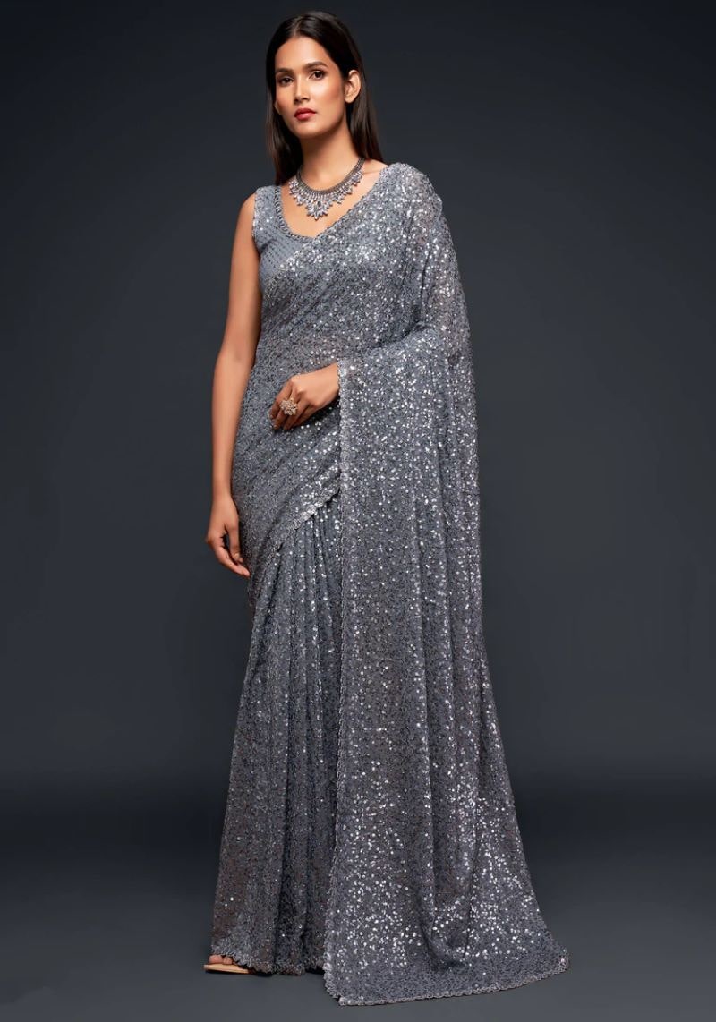 Heavy Sequins Embroidered Faux Georgette Saree
