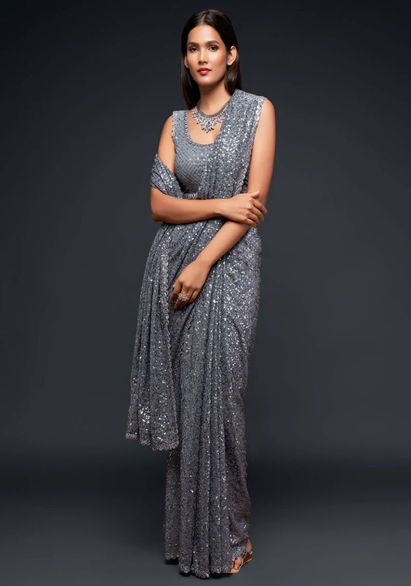 Heavy Sequins Embroidered Faux Georgette Saree