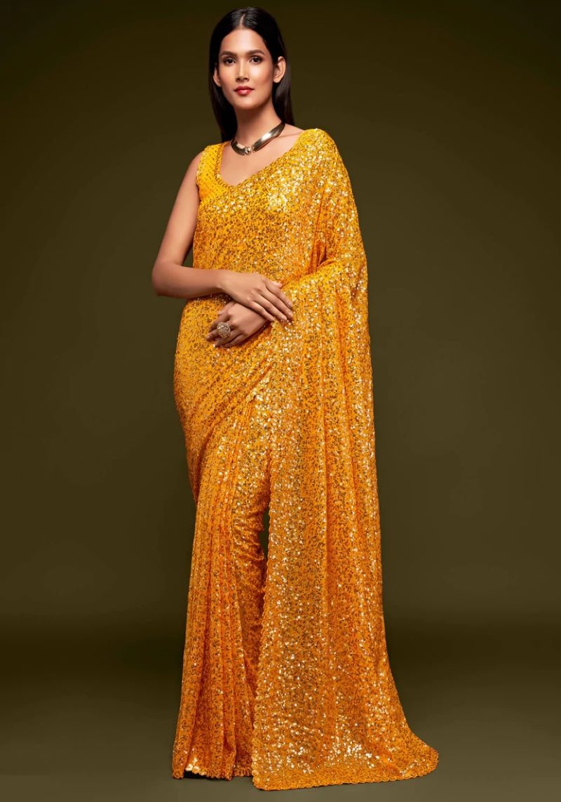 Heavy Sequins Embroidered Faux Georgette Saree