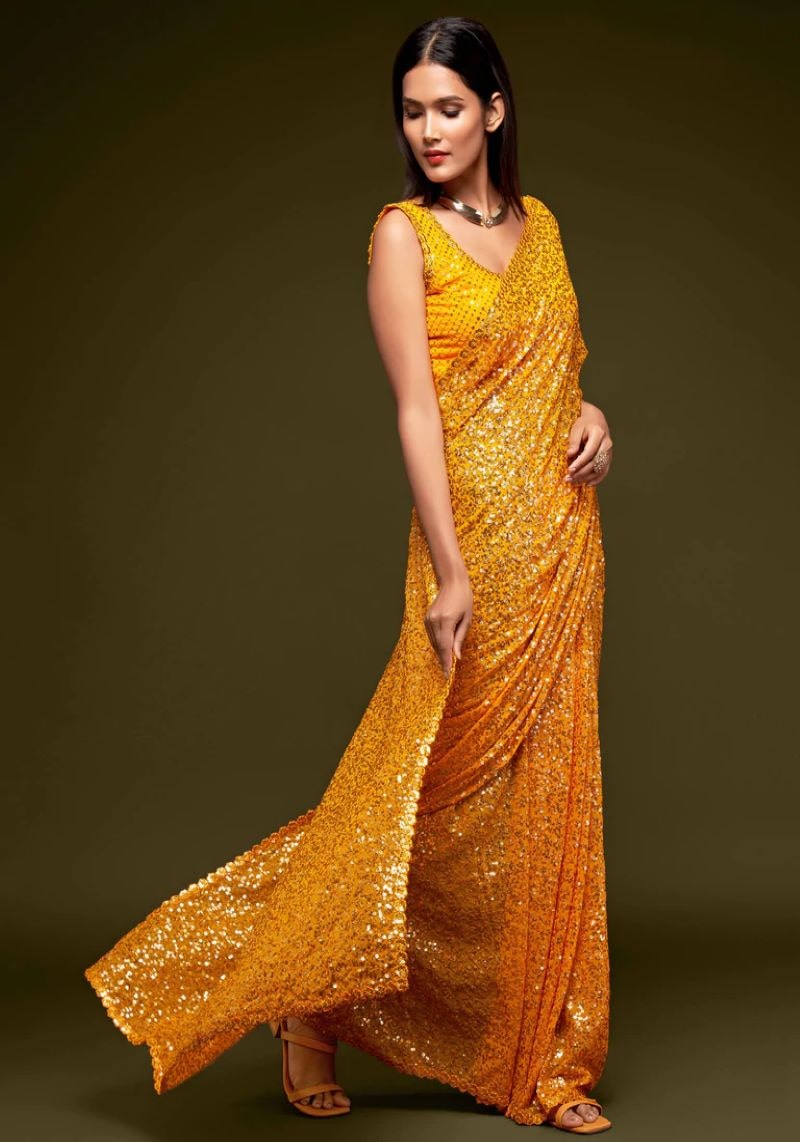Heavy Sequins Embroidered Faux Georgette Saree