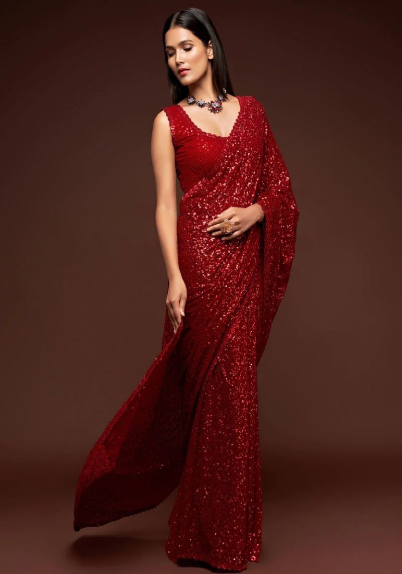 Elegant Party Wear Sequins Embroidered Georgette Saree