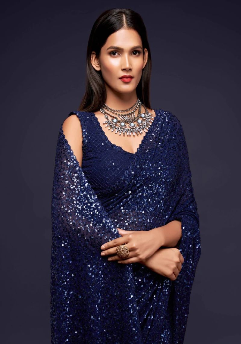 Elegant Party Wear Sequins Embroidered Georgette Saree