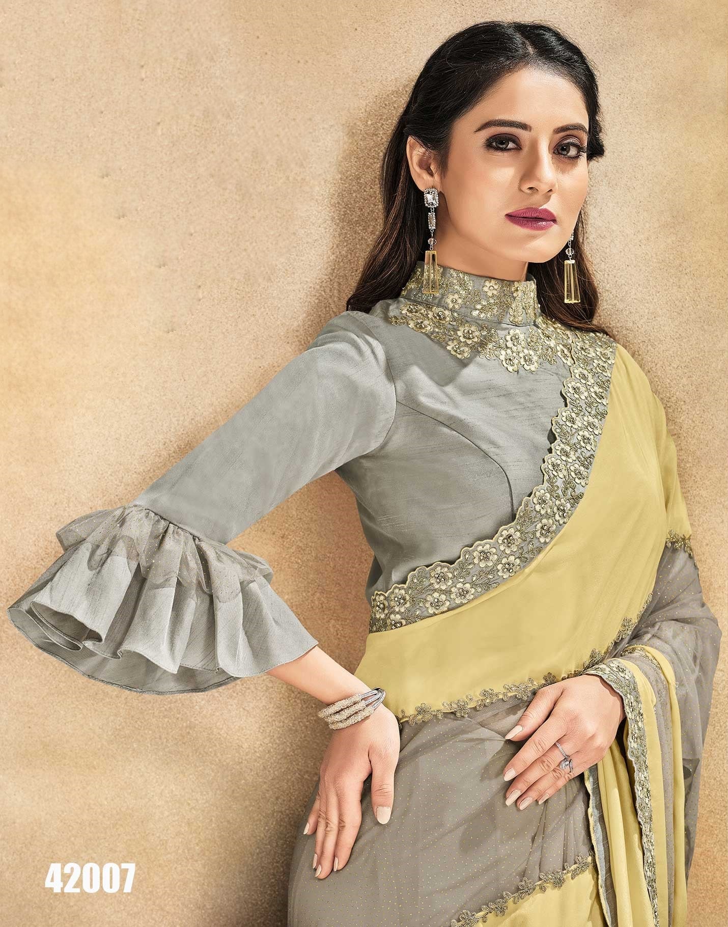 Party Wear Lemon Yellow Silk Georgette Cord Embroidered Saree