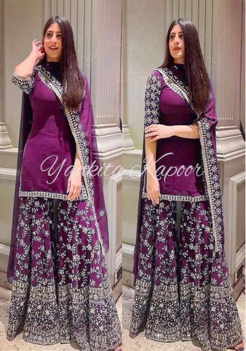 Designer Party Wear Purple Sharara Suit With Soft Net Dupatta