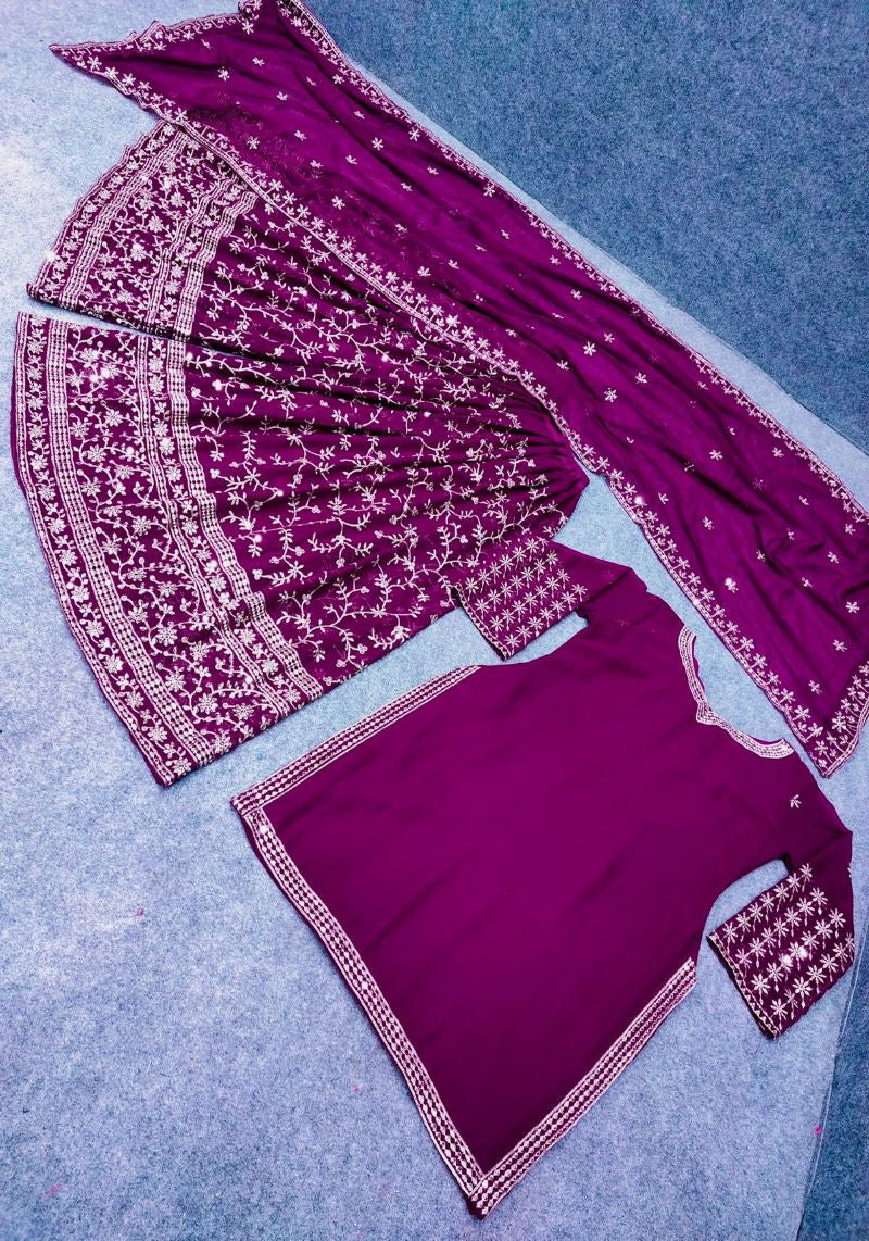 Designer Party Wear Purple Sharara Suit With Soft Net Dupatta