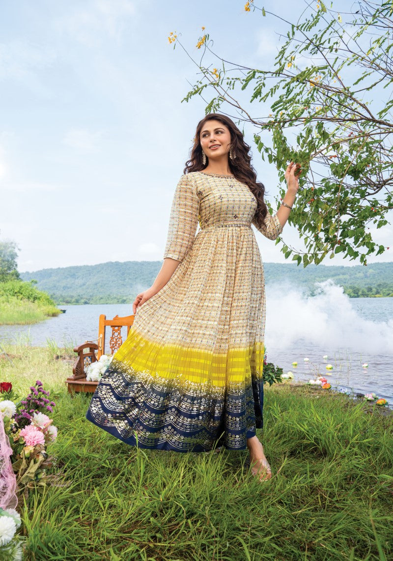 Multi Colored Flared Designer Gown