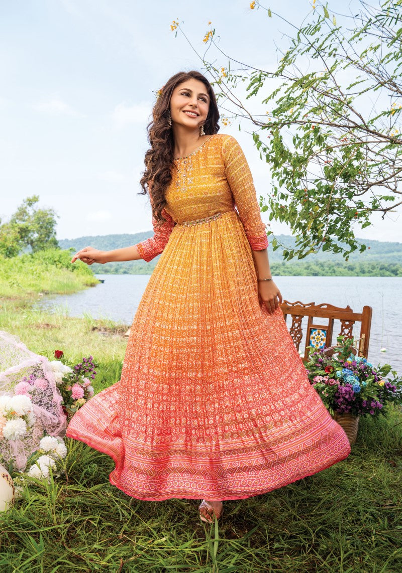 Orange-Pink Flared Designer Gown