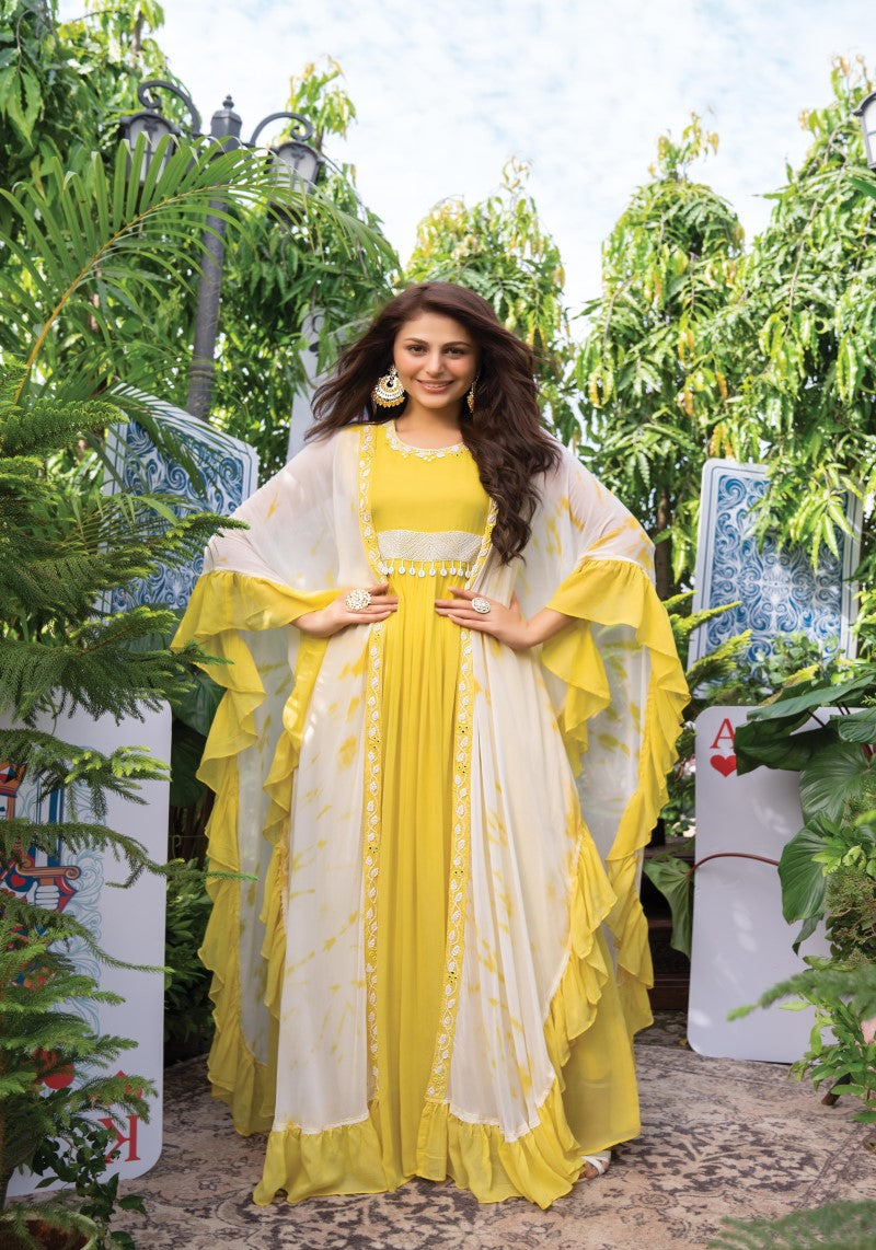 Tropical Yellow Pure Georgette Indo Western Fancy Kaftan Dress