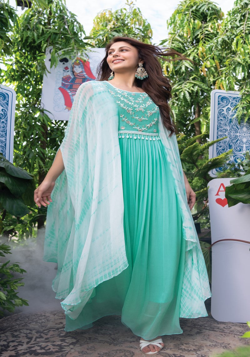 Sea Green Georgette Indo Western Fancy Kaftan Dress front view with elegant festive detailing