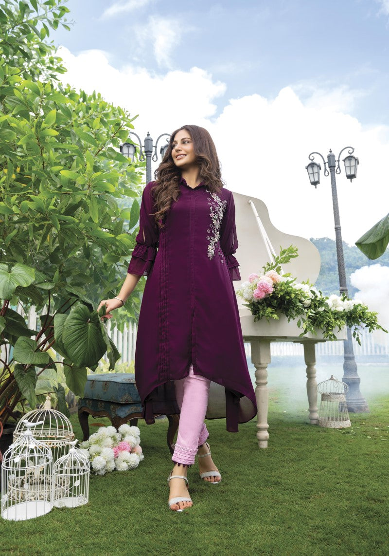 Purity Front Slit Frilled Cut Sleeves Designer Kurti With Pant
