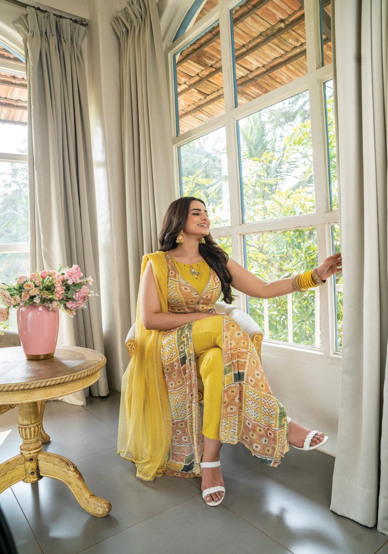 Yellow Printed Kurti Sitting girl