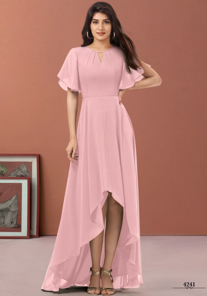 Front view of the model wearing Women's Western Ever-Pretty High Low One Piece Dress in peach with attractive flared sleeves and a pleated keyhole neck design.