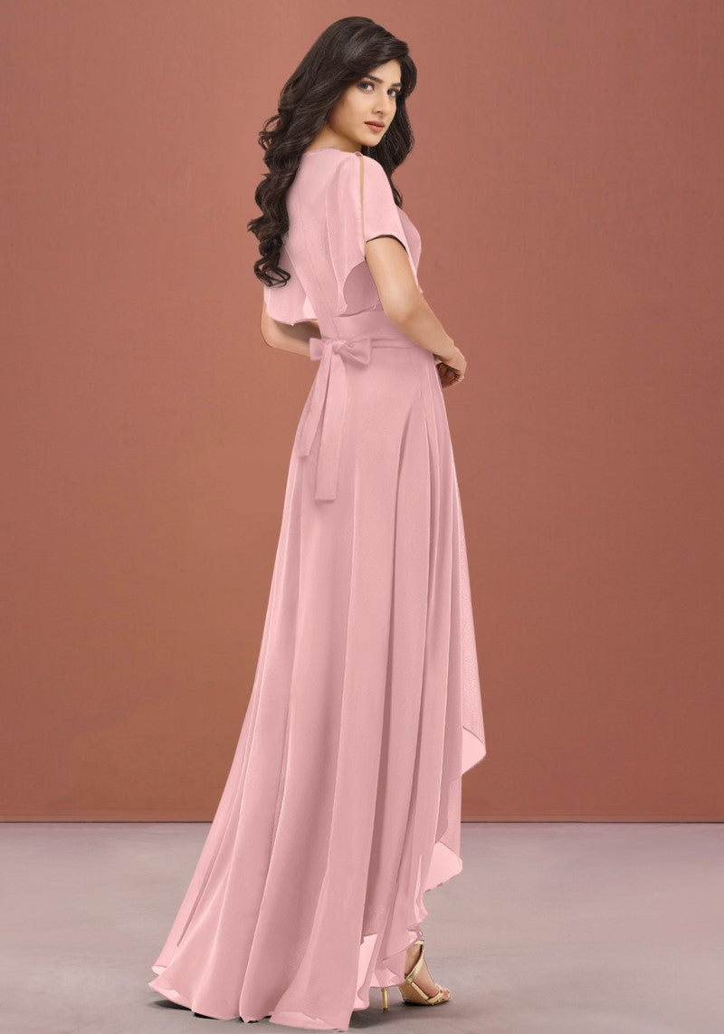 side view of the model wearing Women's Western Ever-Pretty High Low One Piece Dress in peach with attractive flared sleeves and a pleated keyhole neck design.