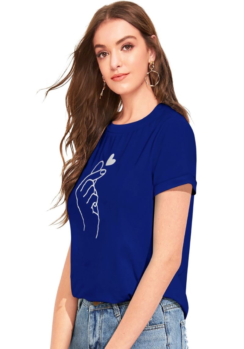 Royal Blue Heart Print Women’s Cotton Round Neck T-Shirt