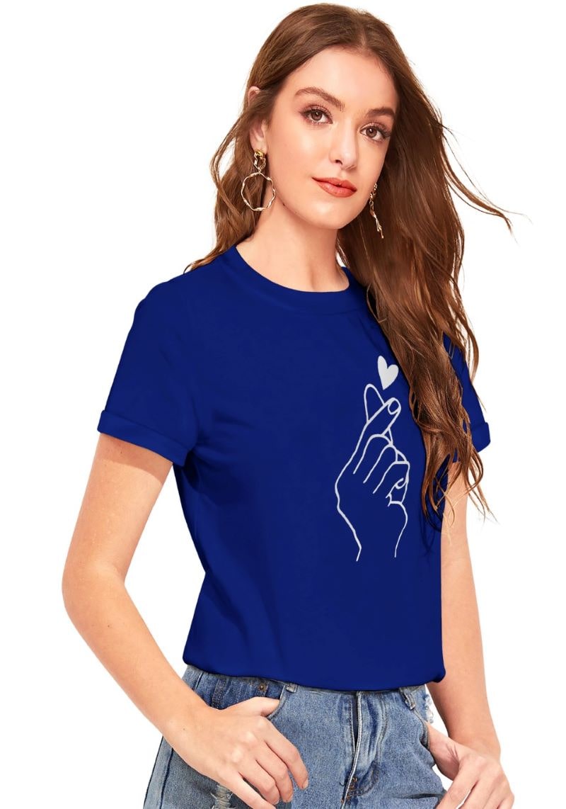 Royal Blue Heart Print Women’s Cotton Round Neck T-Shirt