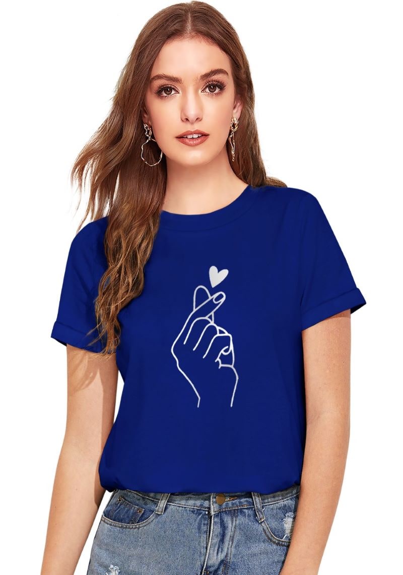 Royal Blue Heart Print Women’s Cotton Round Neck T-Shirt