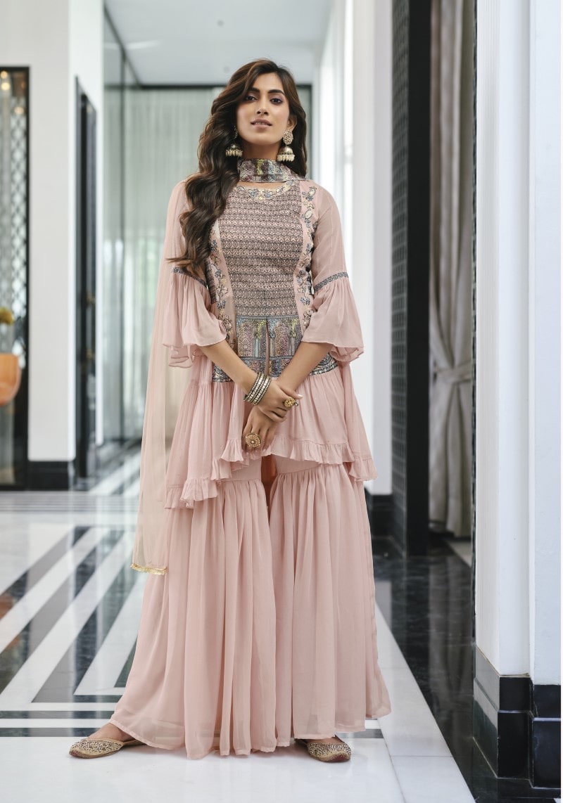 Party Wear Stylish Chinnon Embroidered Sharara Suit With Net Dupatta